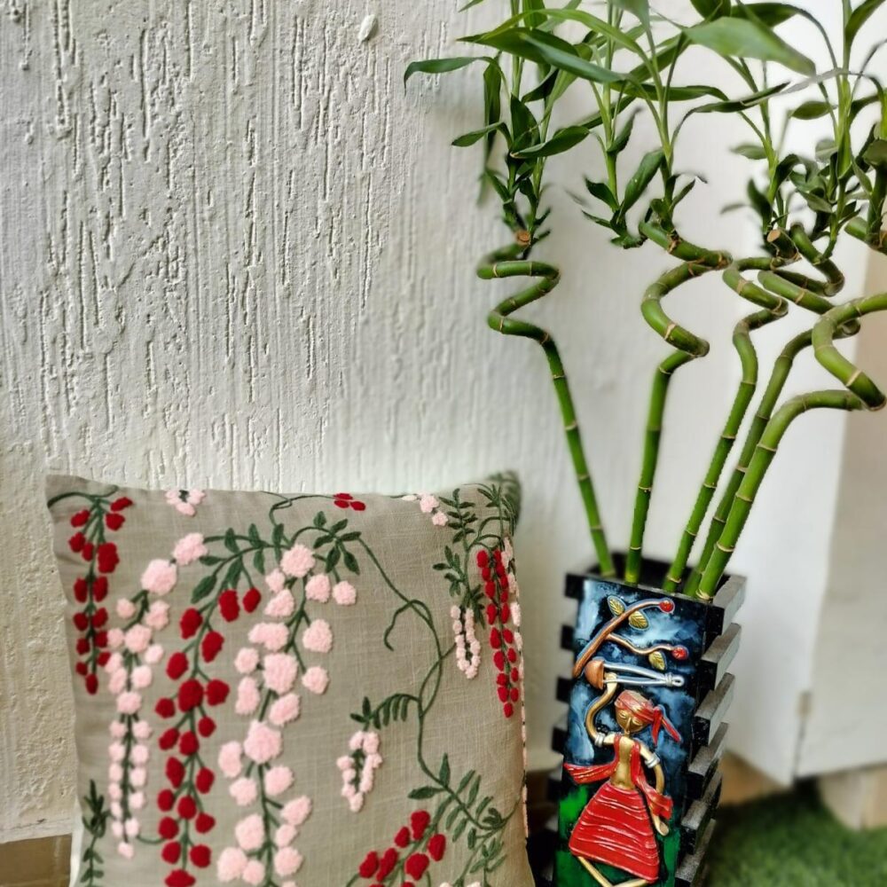 Dharitri Colourful Embroidery Thread Work Floral Cushion Pillow Cover