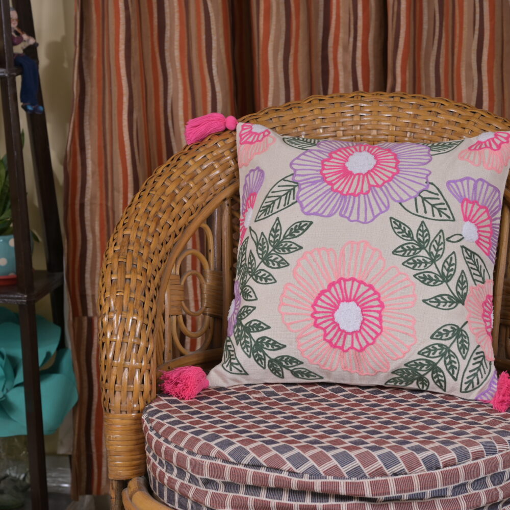 Dharitri Colourful Embroidery Thread Work Floral Cushion Pillow Cover